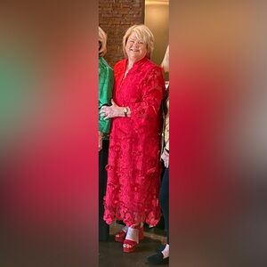 J. Marie Seraphina Floral Long Sleeve 3D Lace Mandarin Collar Midi Dress.